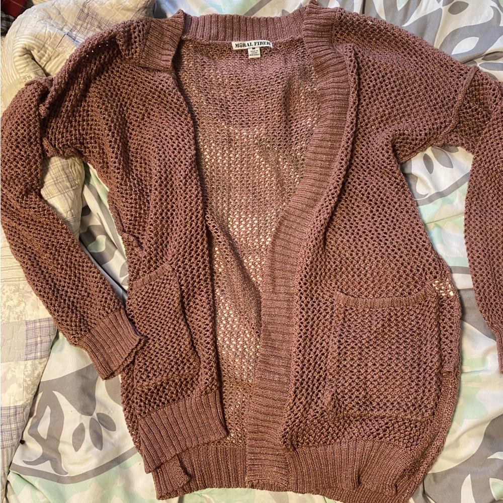 Moral Fiber cardigan, women’s size medium. Kind of a mauve color, knit pattern.